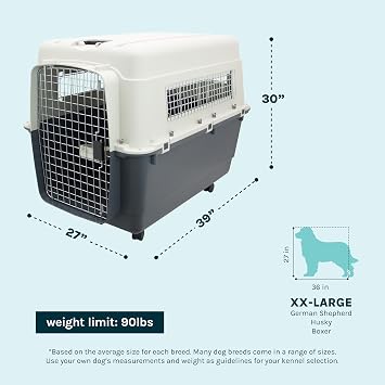 SportPet Airline Compliant XX-LARGE 39 Travel Dog Kennel-Durable Plastic Airline Pet Carrier w/ Removable Wheels & Food Bowls, Collapsible Indoor/Outdoor Dog Kennel, Dogs up to 36L & 27H-Cream/Gray