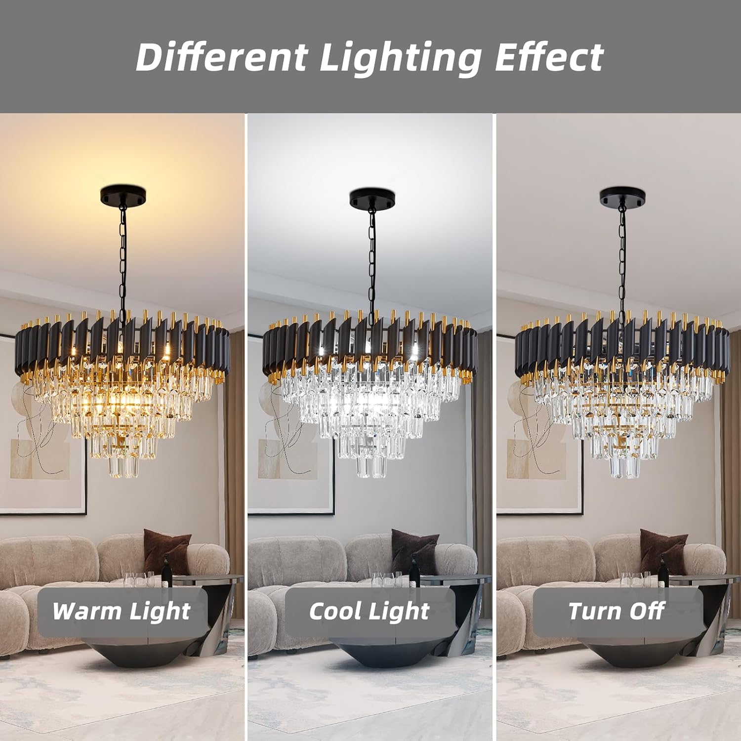 10-Light Large Crystal Chandelier 24" Dining Room Light Fixtures 5 Tiers Flush Mount Black and Gold Chandelier Round Large Chandeliers for Dining Room Living Room Kitchen Entryway Foyer