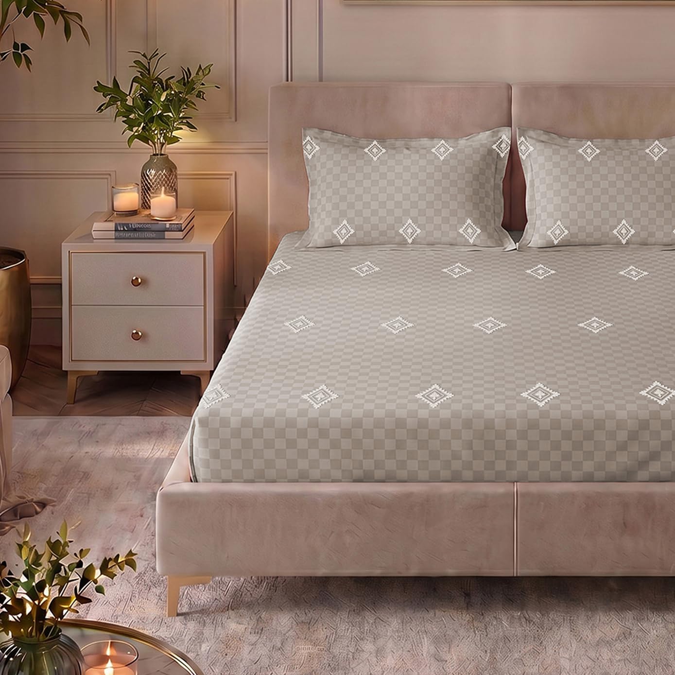 Urban Space Jacquard Embroidered King Bedsheets - Diamond Soft Brown -1