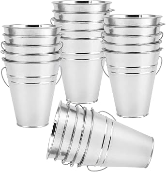 SINJEUN 40 Pack 4.5 x 5 Inch Galvanized Metal Buckets, Silver Metallic Pails with Handle, Mini Tinplate Tin Pails for Craft, Ice, Candy Snack, Flower Decoration