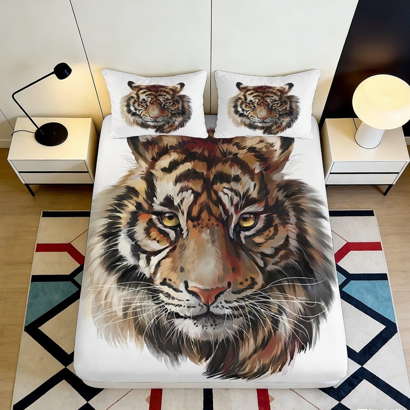 3D Printed Tiger Face Fitted Sheet Microfiber Soft Breathable Animal Print Bed Cover for Bedroom Dormitory Guest Room Mattress Protection 140x200x25cm