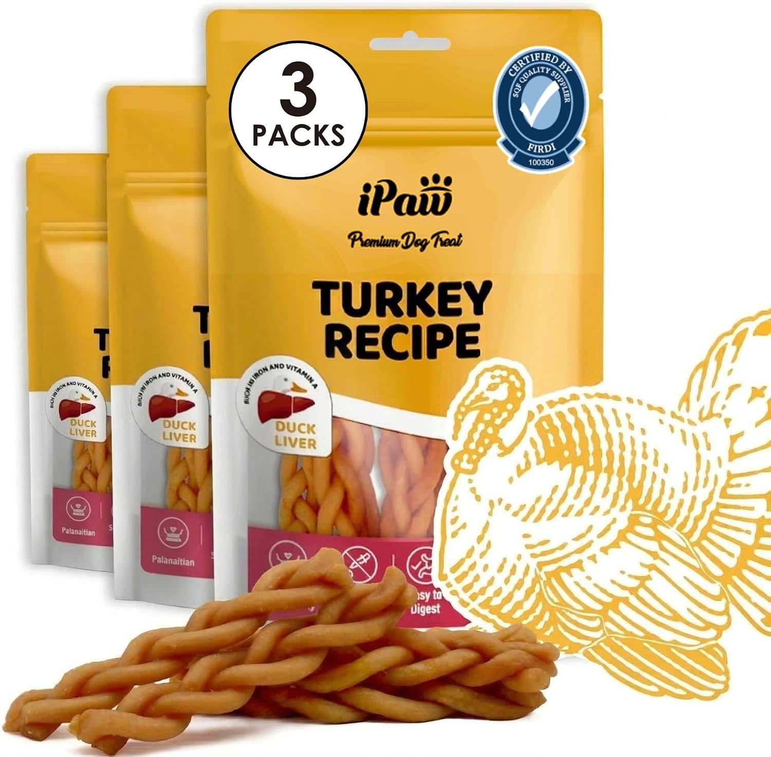 iPaw 5 Stock-Up Combo Turkey Dog Treats, SQF Certified Human Grade Dog Treat, Suitable for Training Chew, Hypoallergenic, Rawhide Alternative, Thin Stick (Pumpkin), 5 Packs