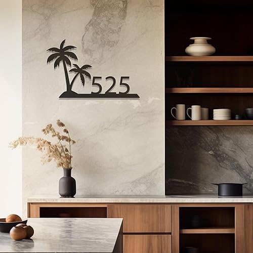 Miniatura 2 de Letrero de metal personalizado con número de casa, placa de dirección personalizada con diseño de palmera, letrero de pared decorativo de acero