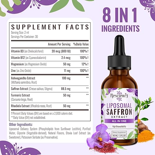 Miniatura 2 de Suplementos de azafrán  88.5 mg de extracto de azafrán mejor biodisponibilidad gotas liposomales para estado de ánimo, energía, visión y enfoque con