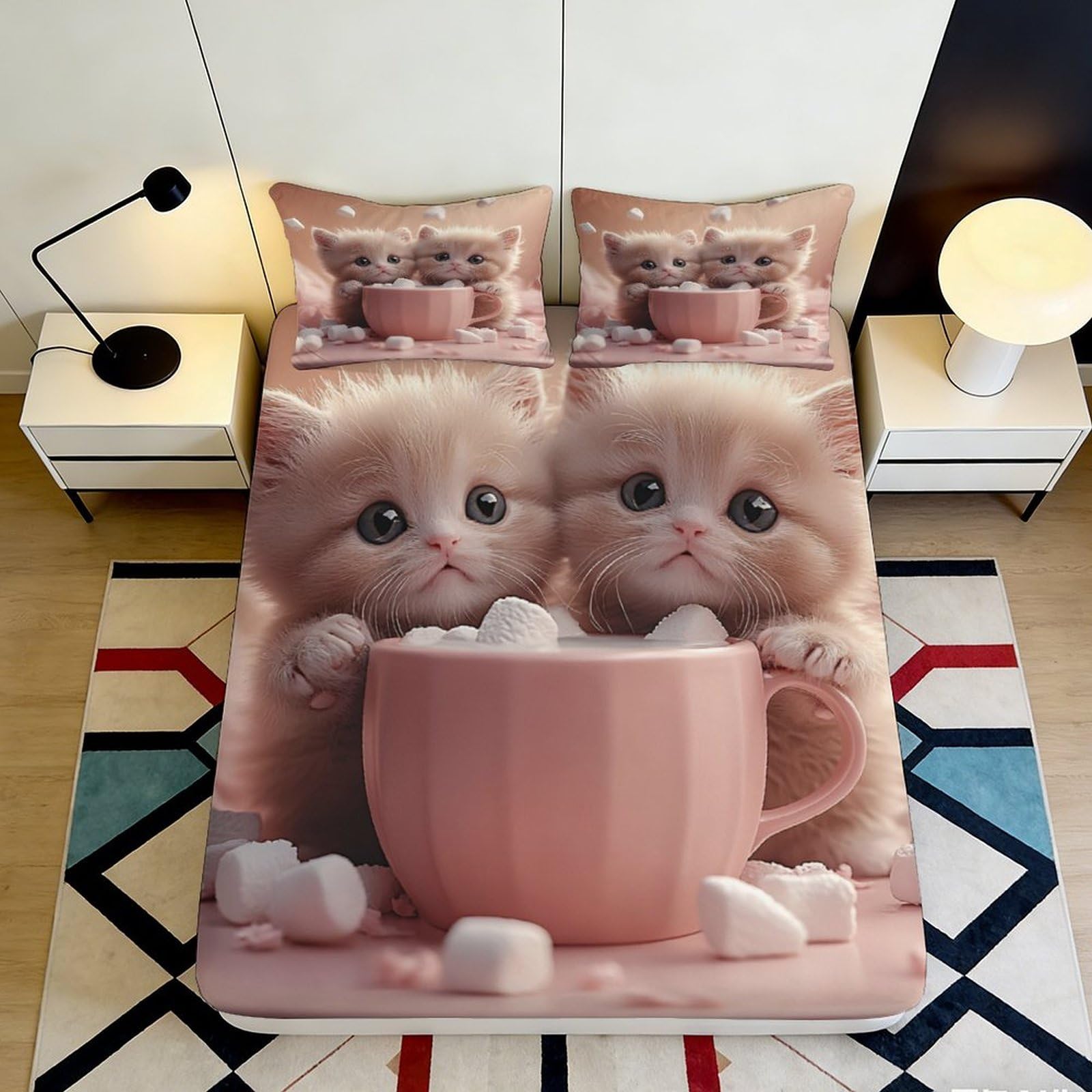 3D Printed cute kitten Fitted Sheet, Microfiber soft touch bed decor, anti-slip, machine washable, apartment bedding, stylish accent, bedroom guest use, 120x200x25cm