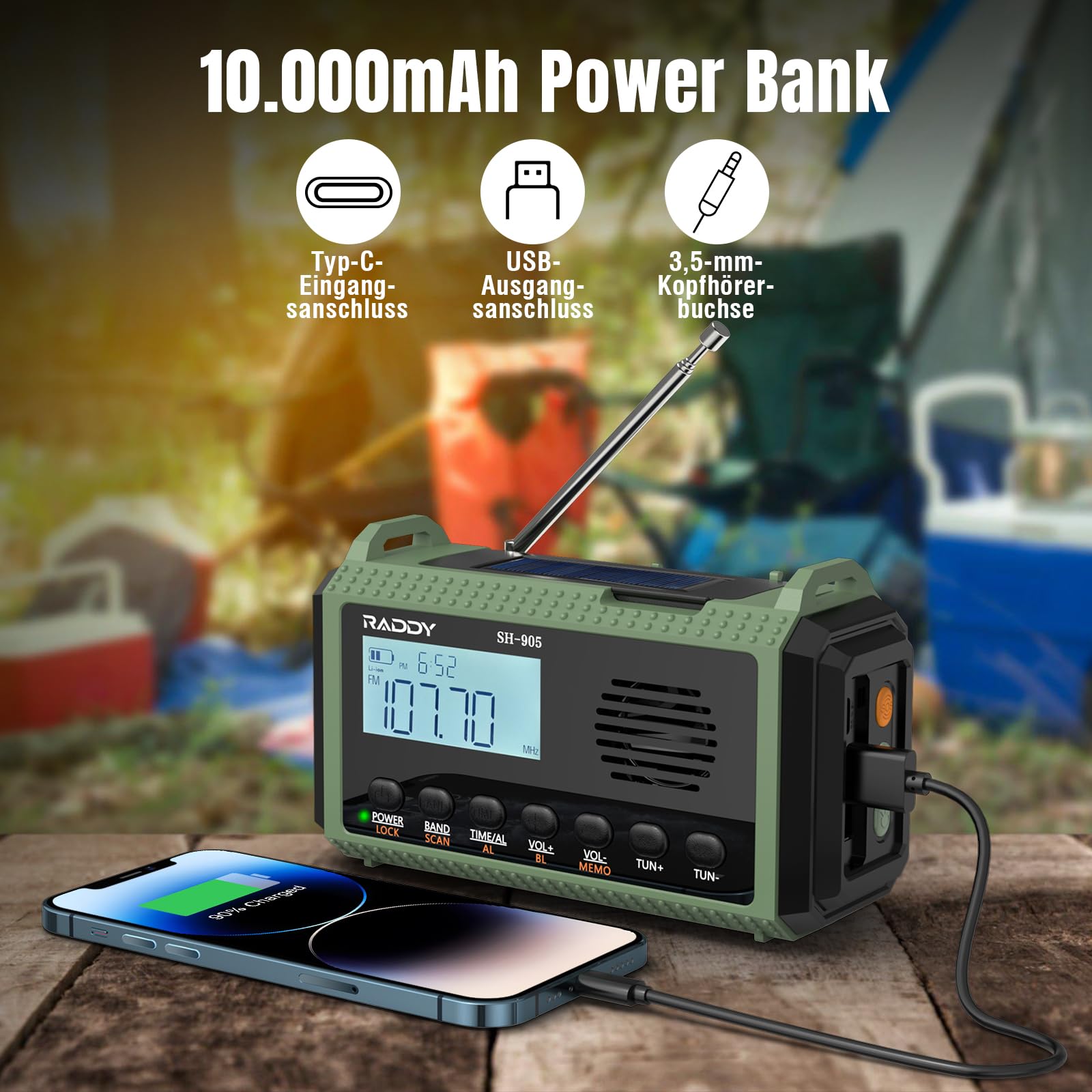 [10.000-mAh-Akku] Raddy SH-905 Notfallradio, Handkurbel, Solar, AM/FM/SW/NOAA-Wetterwarnung, tragbares Wetterradio mit Taschen- & Leselampe, SOS, Batterie-Backup für Stromausfall & Camping