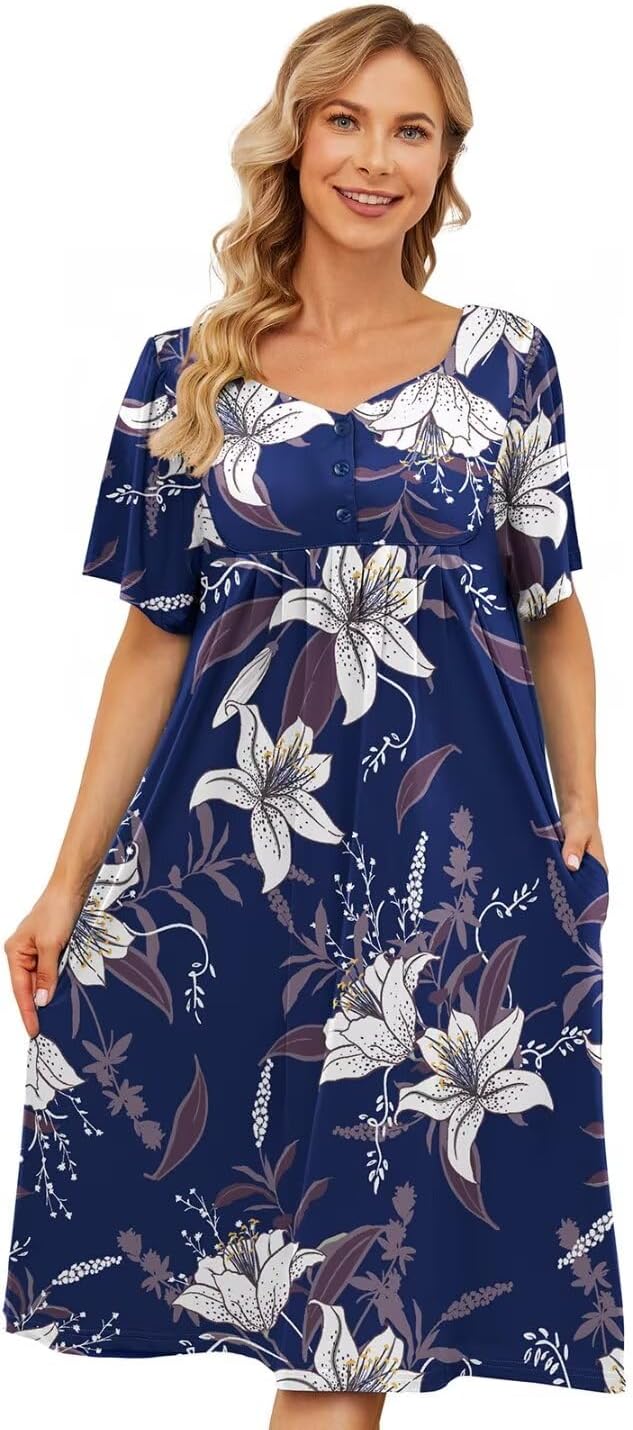 udforsk House Dresses for Women with Pockets Moo Moo Nightgown Short Sleeve Mumu Dress Lounge Dress S-5XL