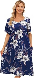 House Dresses for Women with Pockets Moo Moo Nightgown Short Sleeve Mumu Dress Lounge Dress S-5XL