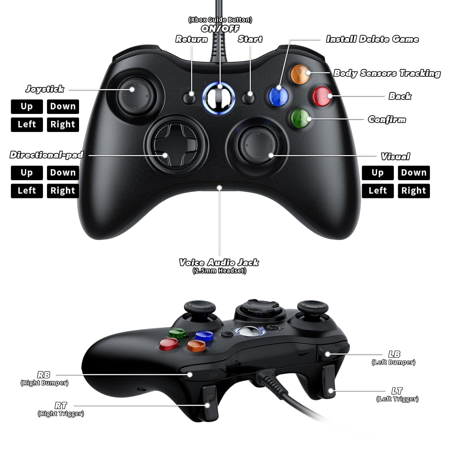 Dinosoo 3 m di ricambio per controller Xbox 360 cablato, controller PC con joystick aggiornato, doppio shock, jack audio da 2,5 mm, confezione da 2