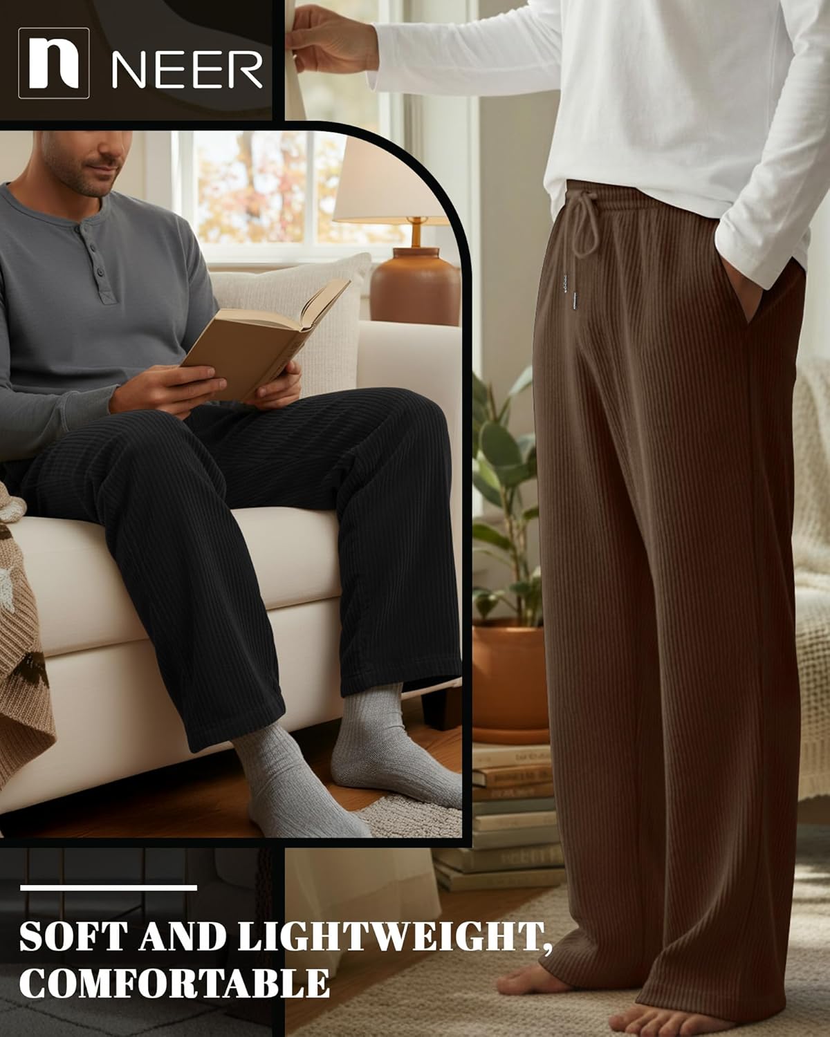 Neer 3 Pack Men's Corduroy Pants Causal Straight Leg Sweatpants Loose Drawstring Elastic Waist Baggy Lounge Pants Pockets - Image 4