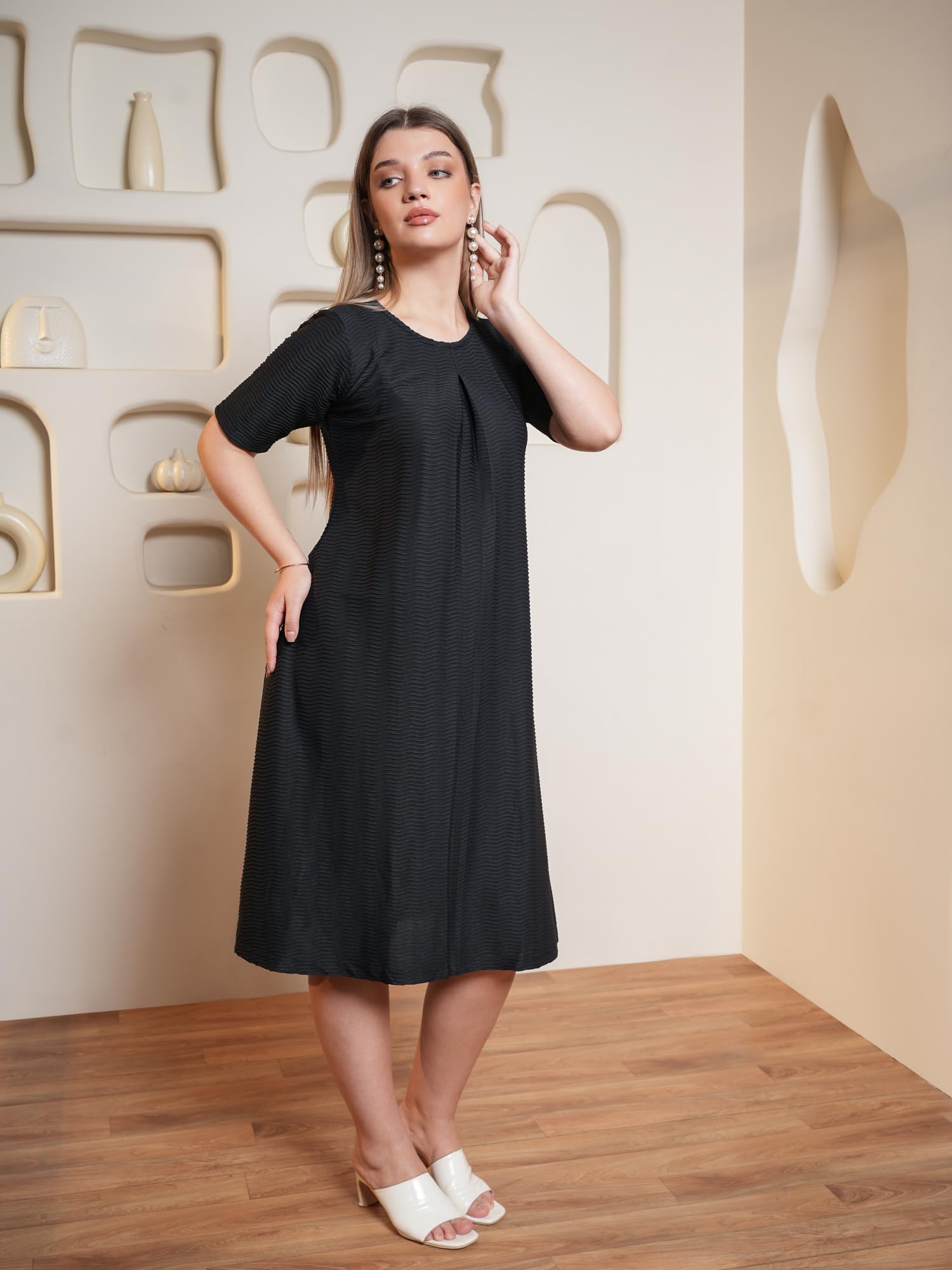 Purvaja Womens A-Line Midi Length Dress (Yuvi-054-Black_Black_Small)
