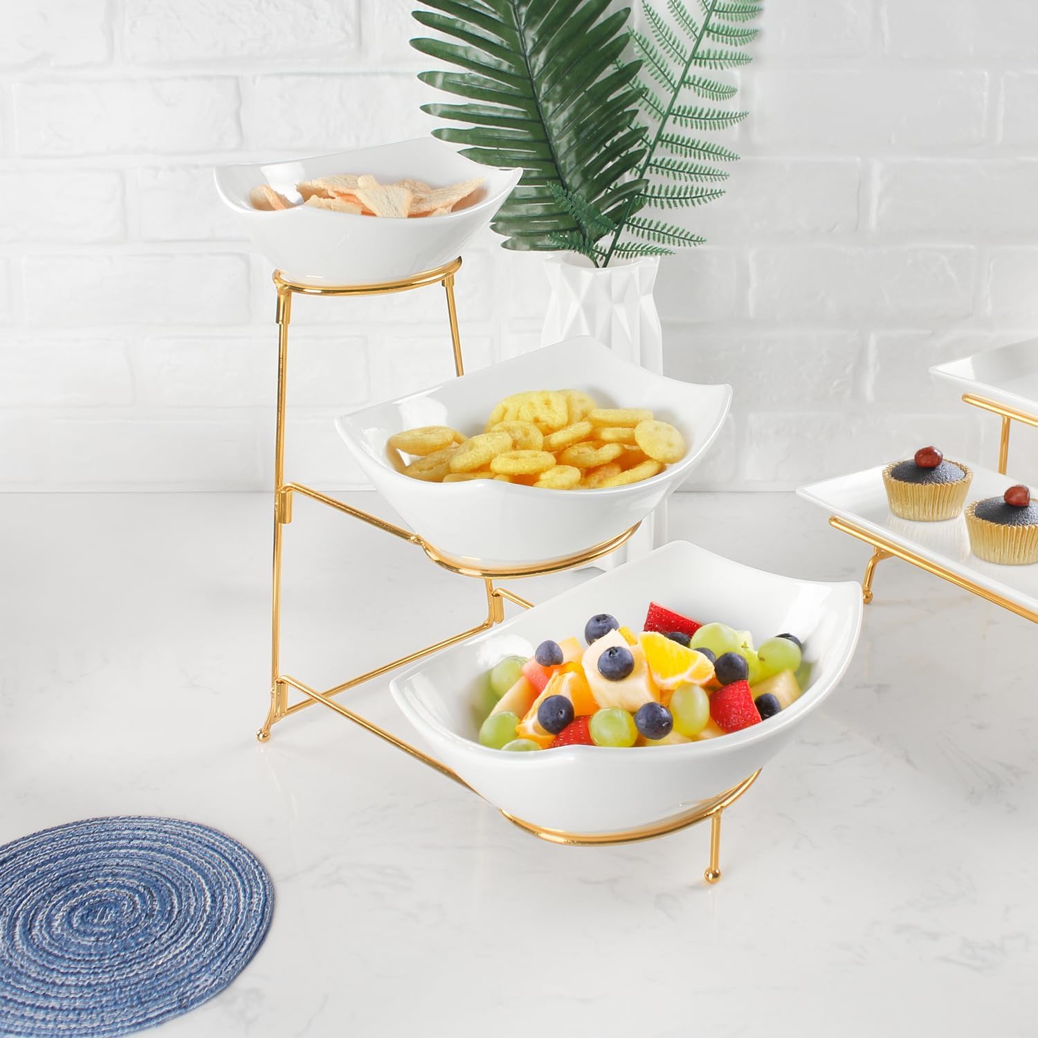 3-Tier Serving Rack with Ceramic Serving Bowls, Foldable Gold Stand with 3 Pieces 7.1"/8.5"/10.2" Large Bowls, Bowl for Food Display, Fruit, Dessert Server Display and Entertaining