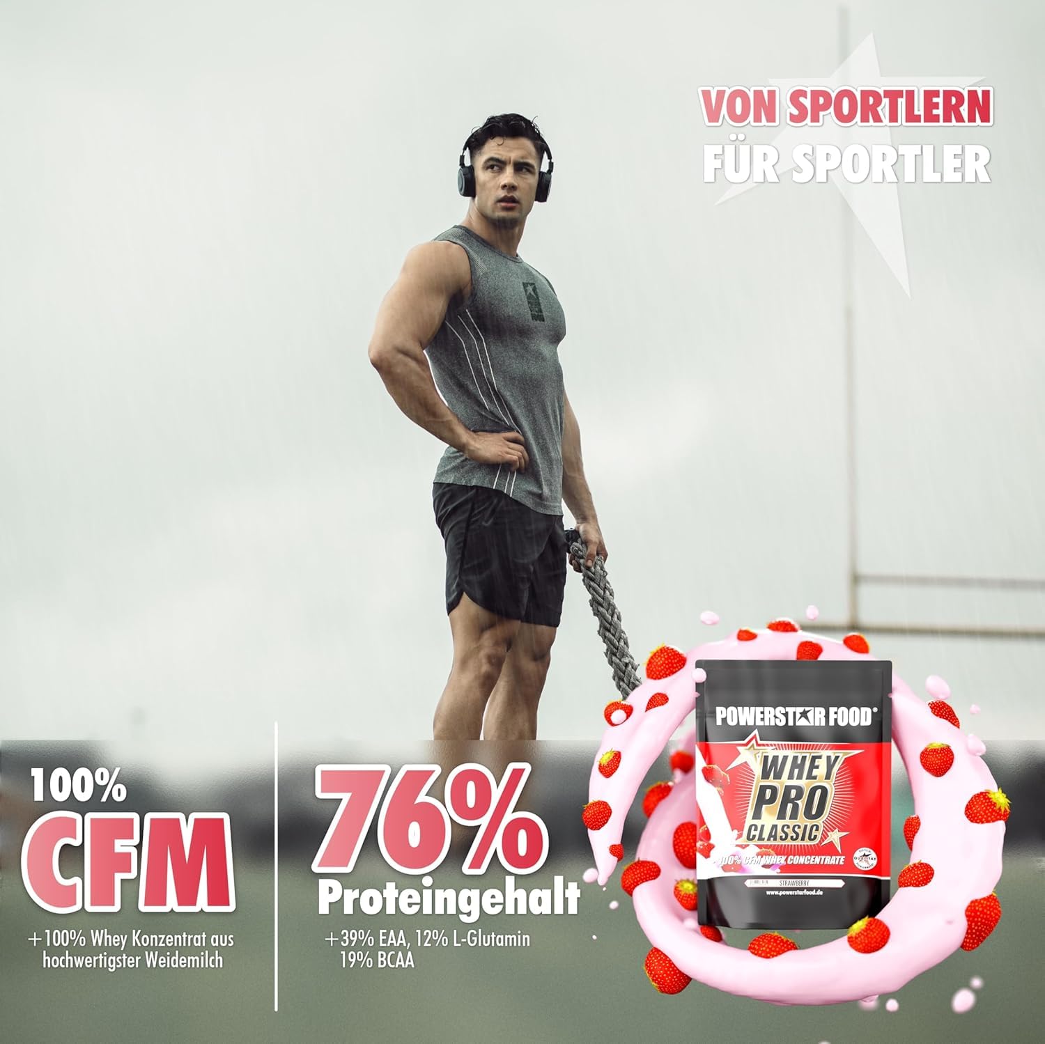Powerstar WHEY PRO CLASSIC Poudre de protéines de lactosérum 4000 g | Poudre de protéines | Fabriqué en Allemagne | 100 % concentré de lactosérum CFM | Protéines en poudre avec seulement 2 % de