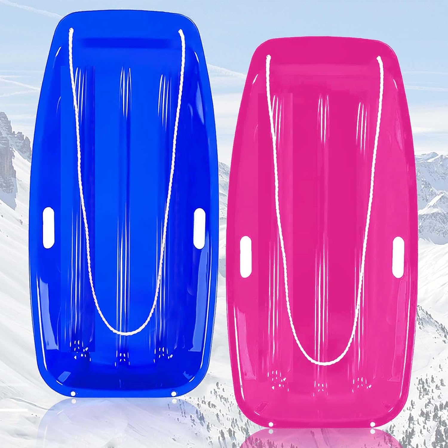 Snow Sled, Sleds for Kids and Adults, Plastic Toboggan Sled with 2 Handles & Pull Ropes, for 1-2 Riders, Best Winter Outdoor Gift (Pink and Blue)