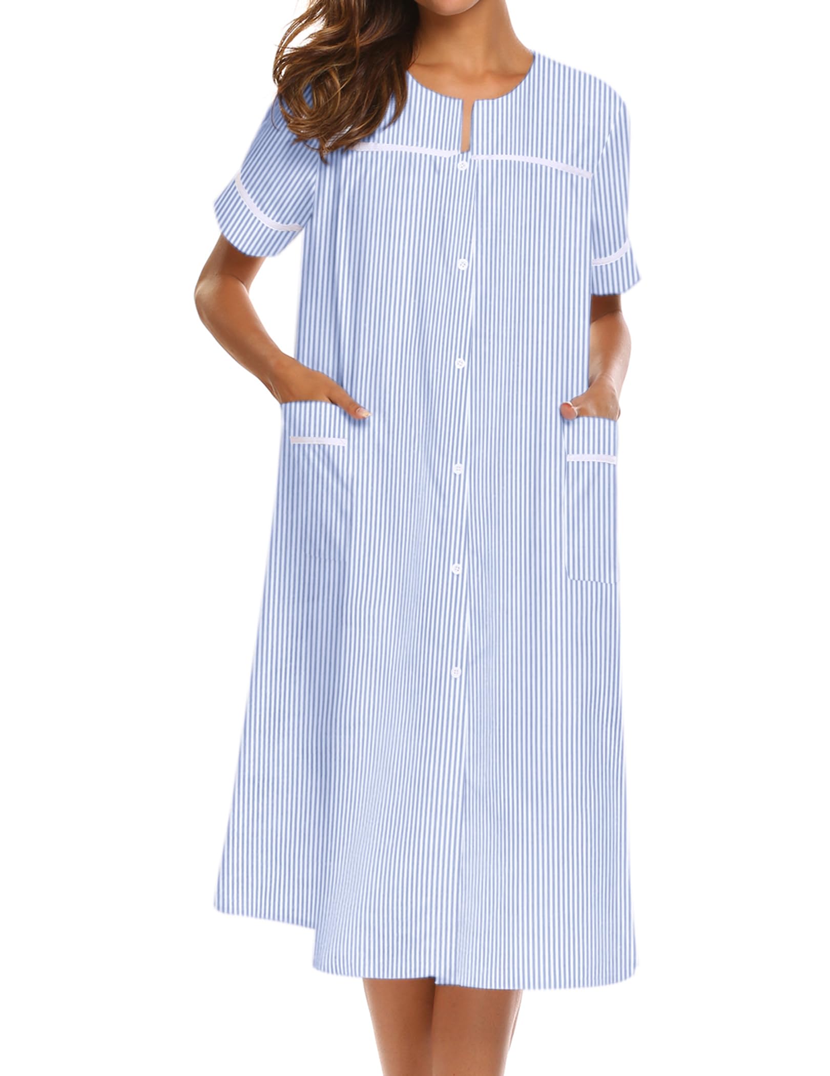 Ekouaer House Dress for Women with Pockets Button Down Duster Housecoat Short Sleeve Mumu Nightgown S-XXXL