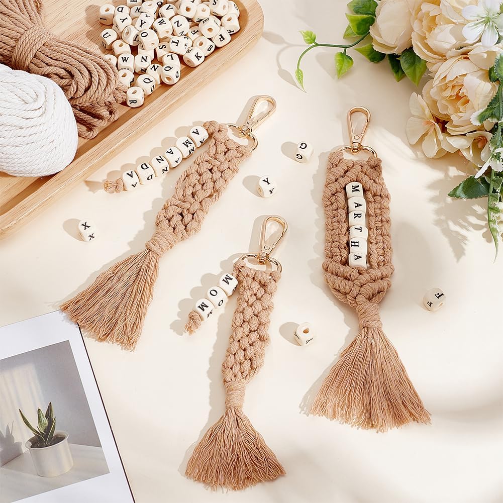 BEUNITONE 6 Sets DIY Macrame Keychain Kit for Beginner Boho Macrame Starter Keychain Kit with Instruction Video DIY Personalized Macrame Alphabet Wood Bead Keychain kit Charms for Bag Car Key Decor - Image 5