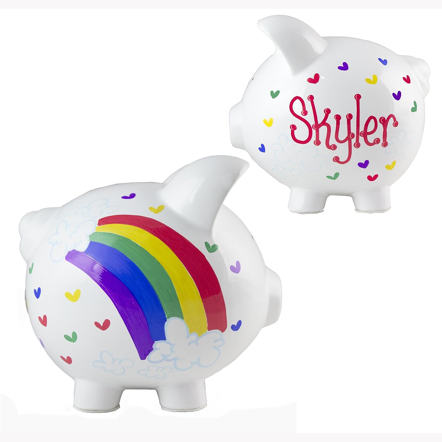 My Bambino Rainbow & Hearts Piggy Bank Personalized Hand Painted Large White Ceramic Piggybank | Baptism