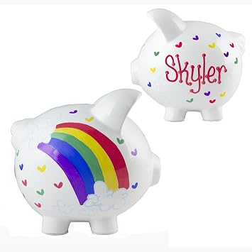 My Bambino Rainbow & Hearts Piggy Bank Personalized Hand Painted Large White Ceramic Piggybank | Baptism