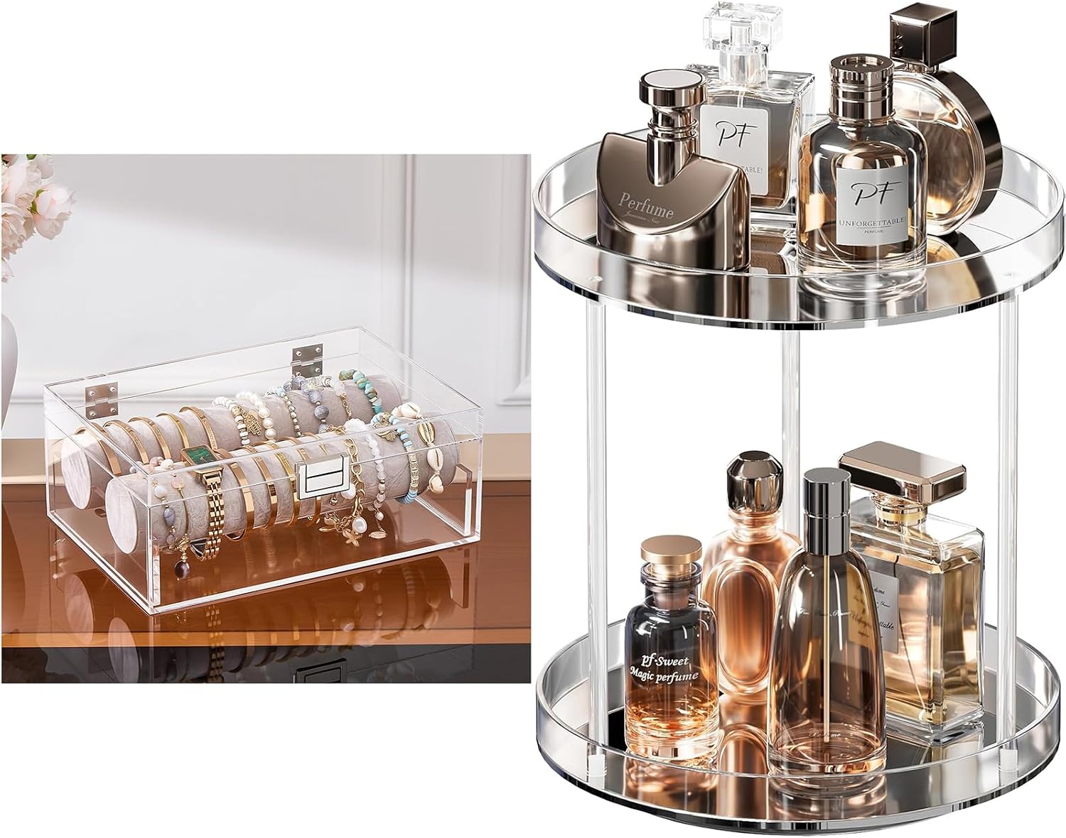 Lolalet Acrylic Bracelet Organizer Box Bundle with 360 Degree Rotating Acrylic Perfume Organizer Stand
