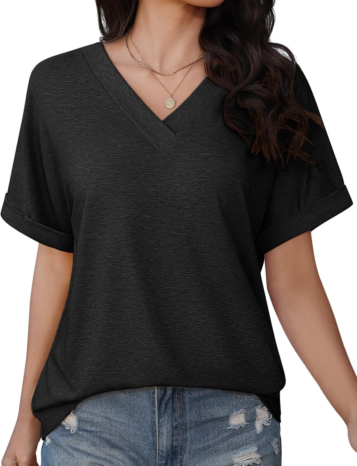 T-shirt da donna a maniche corte T-shirt con scollo a V Camicetta elegante a maniche corte ampia Camicia estiva da donna Top T-shirt casual Abbigliamento estivo Moda