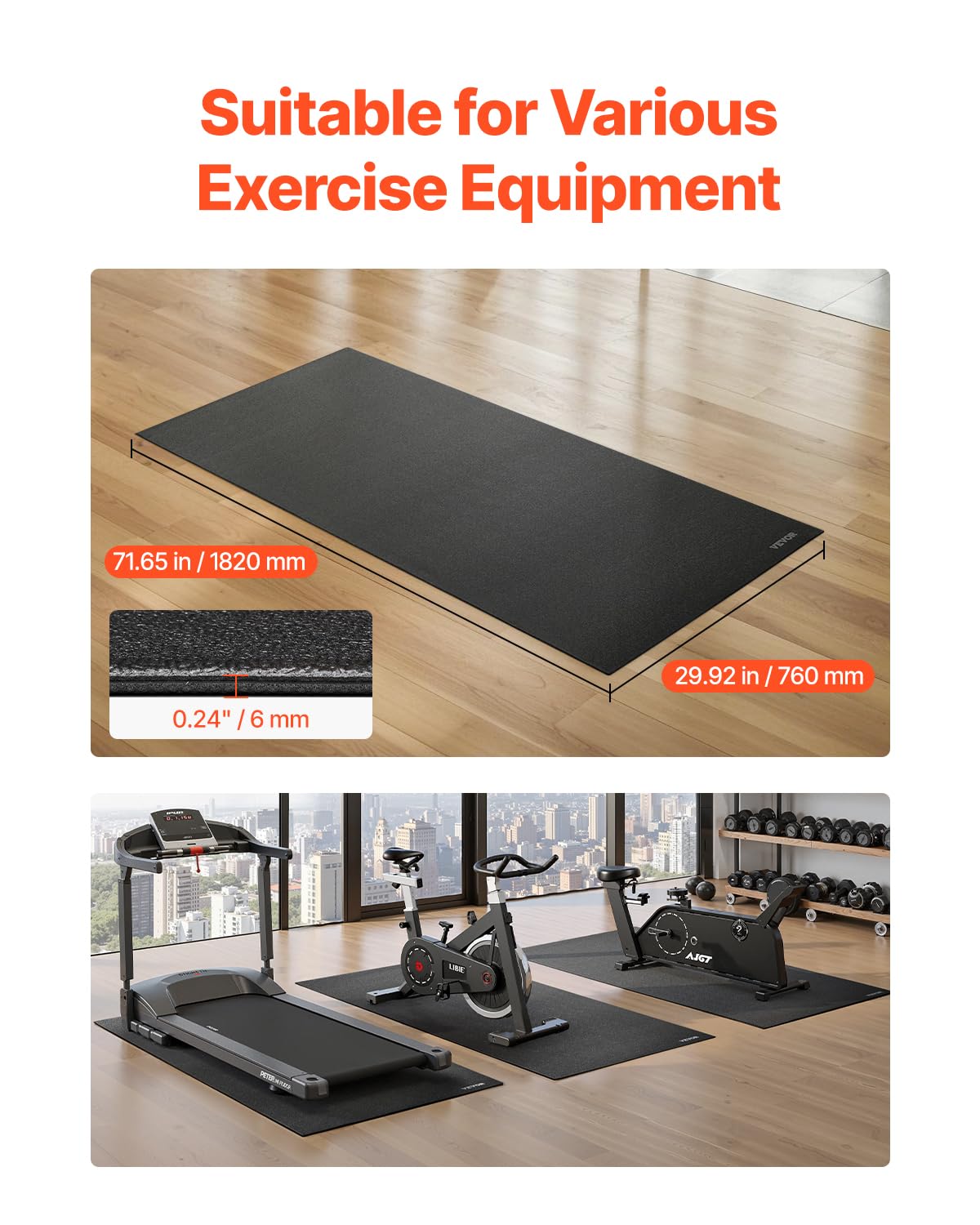 VEVOR Tappetino per tapis roulant, cyclette e bici reclinate, in PVC ad alta densità, impermeabile e antiscivolo, per palestra domestica