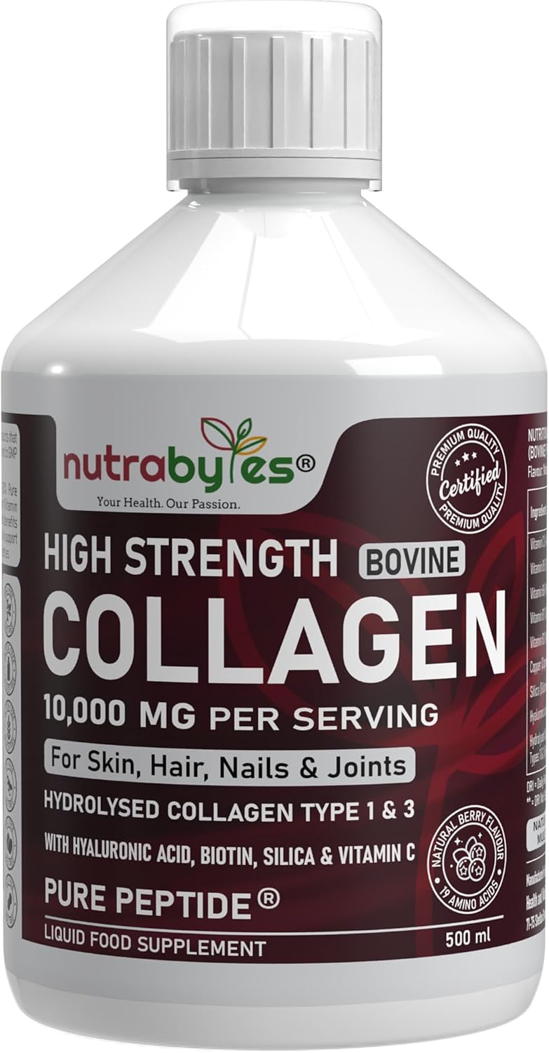 Nutrabytes Collagen Liquid 10,000mg | Hydrolysed Peptides | Hyaluronic Acid, Biotin, Silica, Vitamin C & B12 | Skin, Hair, Nails & Joints | Grass Fed Bovine | for Women & Men