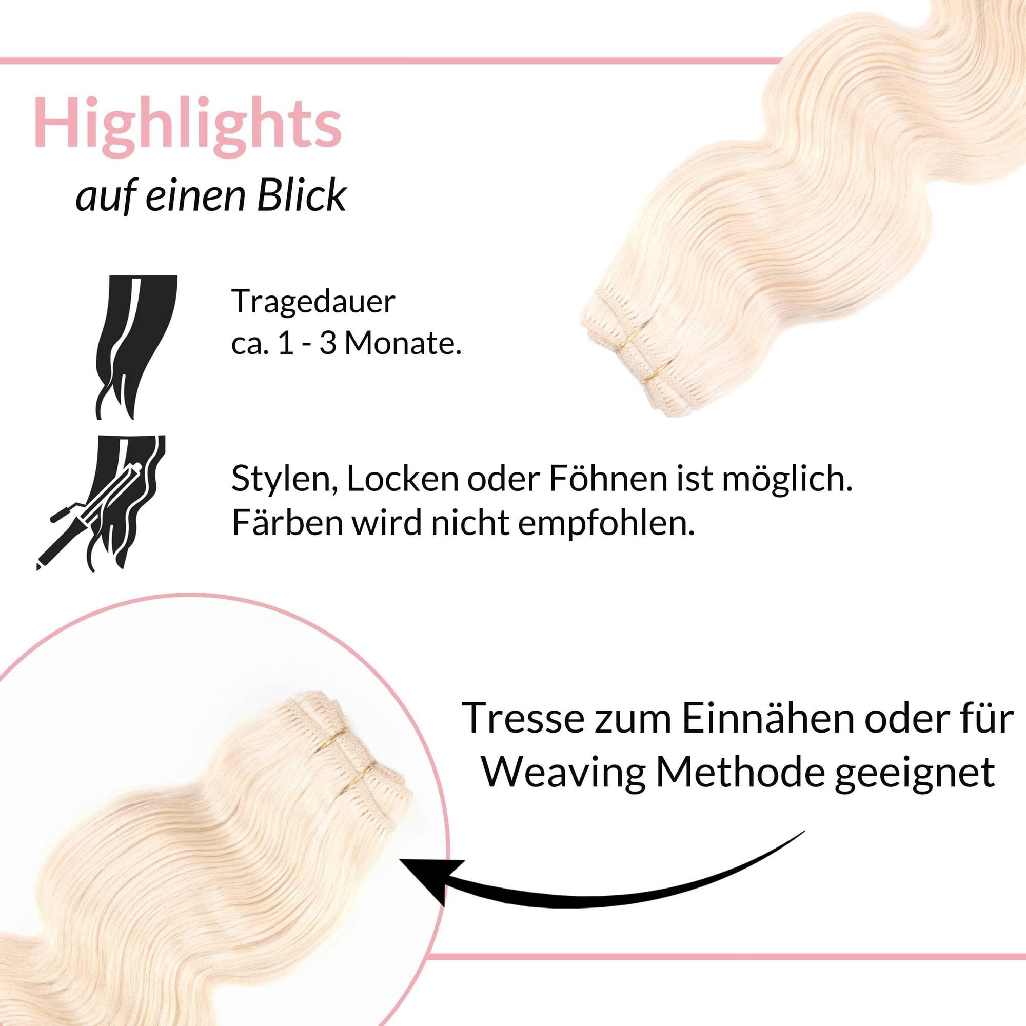 hair2heart Echthaar Tressen zum Einnähen Extensions Gewellt - 70cm 100g 9/0 lichtblond