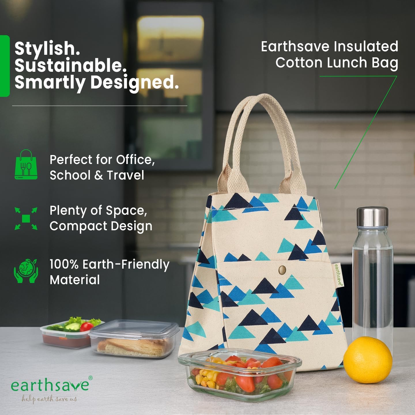 earthsave Insulated Lunch Bag for Office Women & Men (Blue & White) | Eco-Friendly Canvas Tiffin Bags for School, Cotton Drawstring Lunch Bag | Cloth Lunch Box Bags | Tringle Lunch Bags