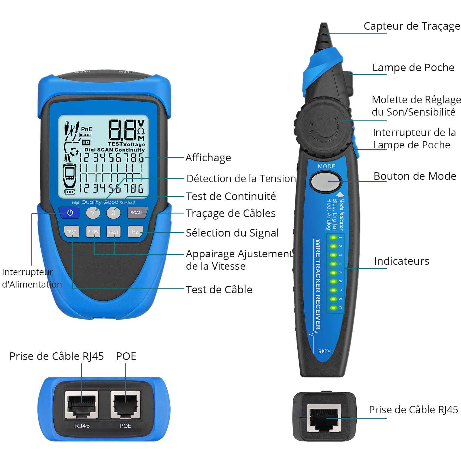 Testeur de Câble Réseau RJ45 Testeur de Câble Réseau à Deux Modes avec Fonction PoE Testeur de Ligne Ethernet avec Écran LCD et Sac de Rangement Traqueur de Fil Multifonction