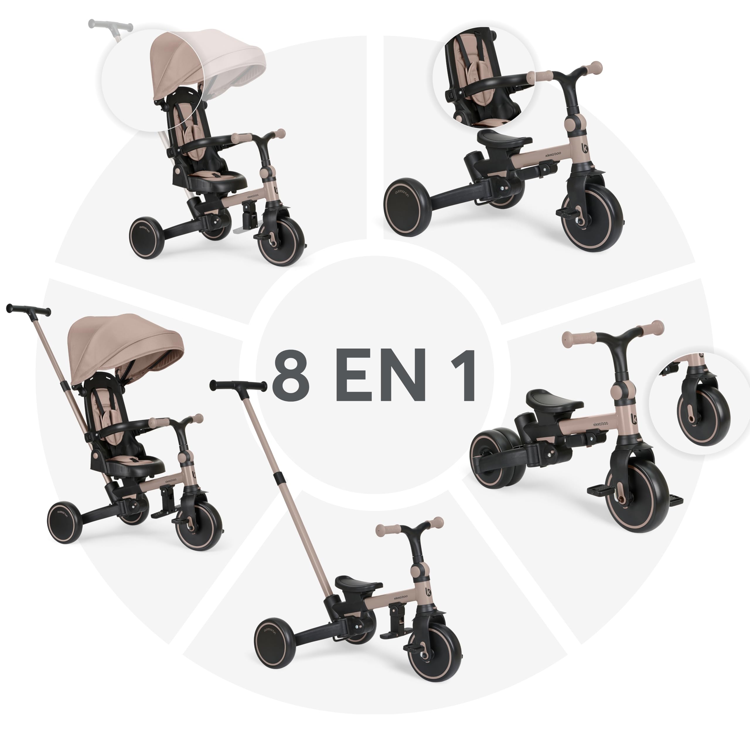 KikkaBoo Triciclo Evolutivo ALUMA 8 en 1, Triciclo Bebé Plegable con Manillar Padres, Asiento Reversible, Capota Ajustable, Arnés 5 Puntos, Marco Aluminio Beige — view 2