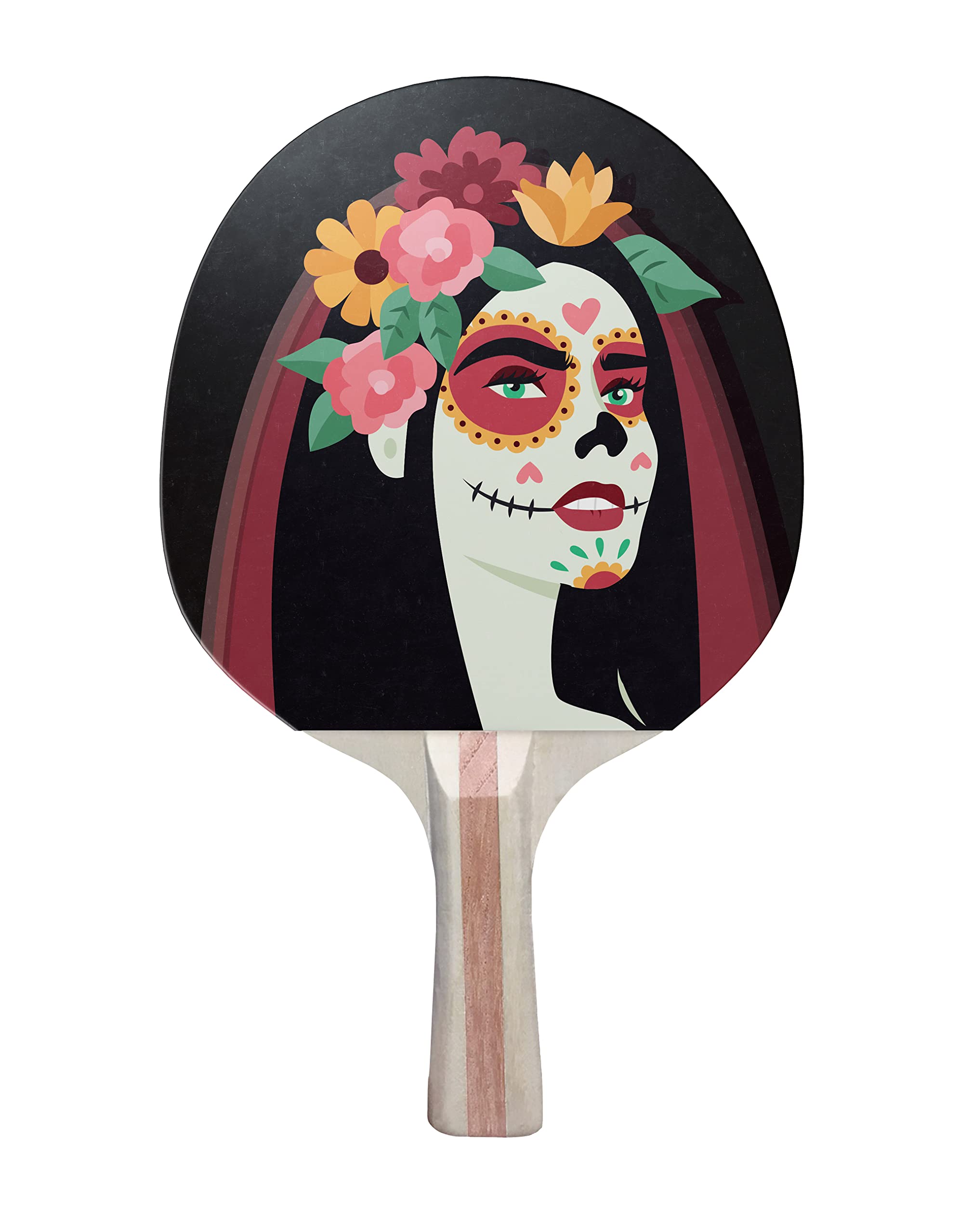 TigerTail Sports Dia De Los Muertos 2 Colorful Design Ping Pong Paddle, Premium 5 Ply Table Tennis Racket (Red on Back)