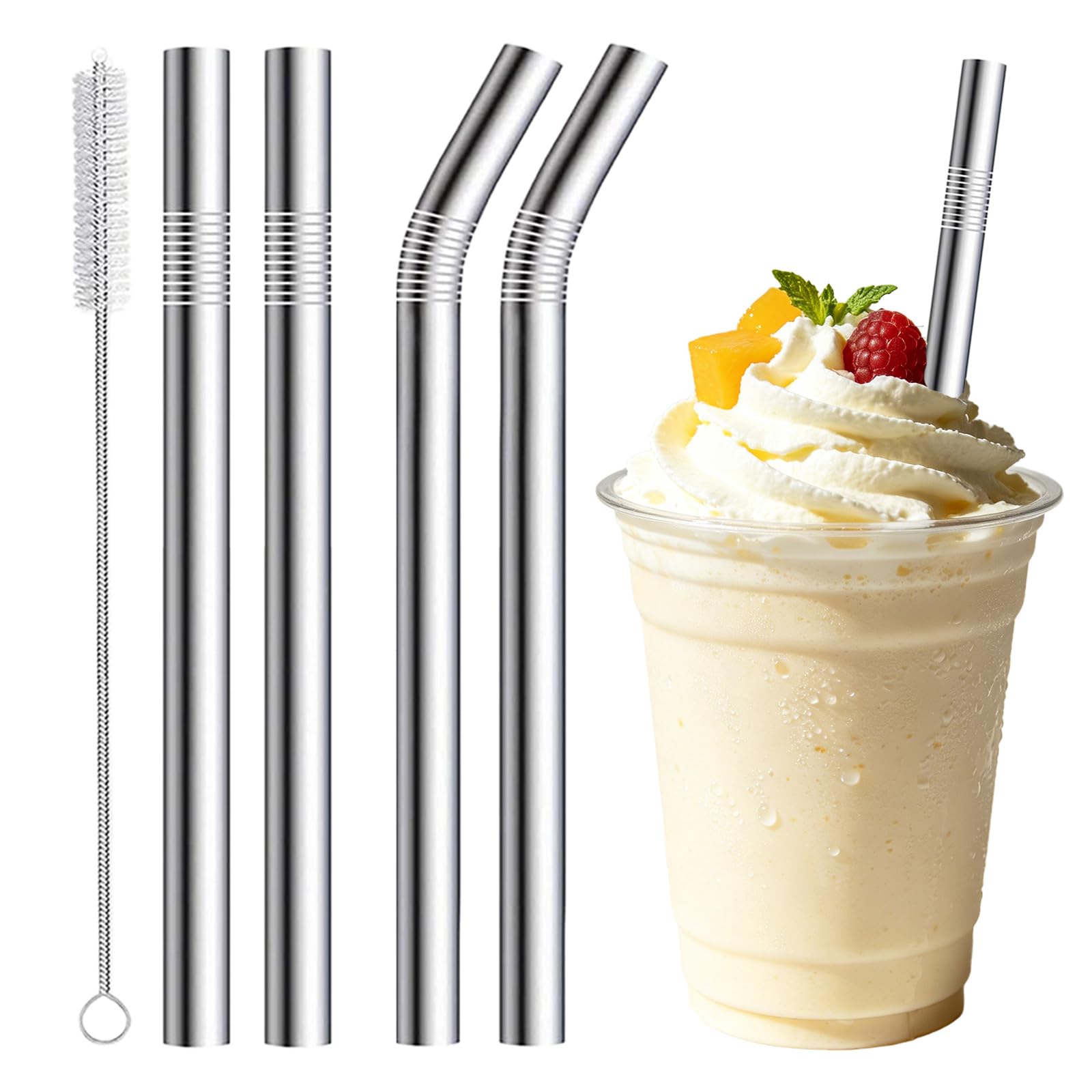 KinetiCore Milkshake Straws – 10mm Wide, 4 Pack Stainless Steel Straws with 1 Straw Cleaner – 266mm & 216mm Long Reusable Metal Straw for Milkshake, Smoothie & Jumbo Thick Drinks