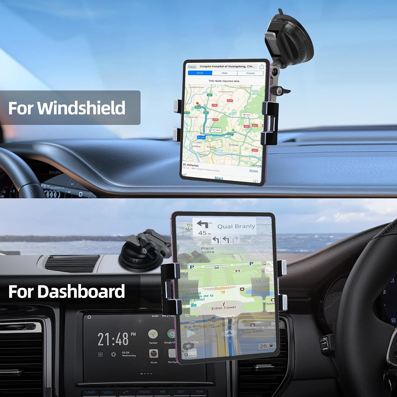 Aluminum Heavy Duty Dashboard & Windshield Tablet Holder Car Mount, 360°2-Stage Stand Metal Bracket Suction Cup for 4.7-12.9" iPad Pro/Air/Mini/Samsung Galaxy Tab, for Car Truck Wall Desk Kitchen