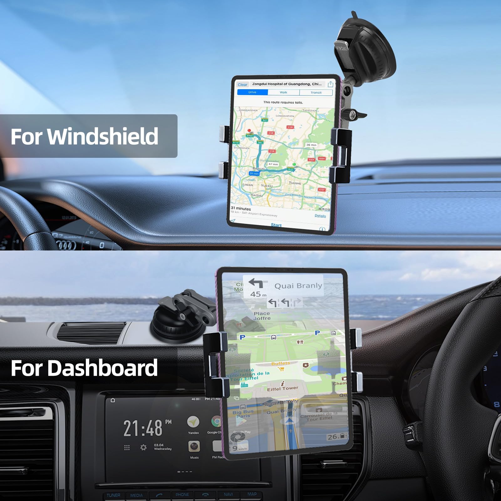 Aluminum Heavy Duty Dashboard & Windshield Tablet Holder Car Mount, 360°2-Stage Stand Metal Bracket Suction Cup for 4.7-12.9