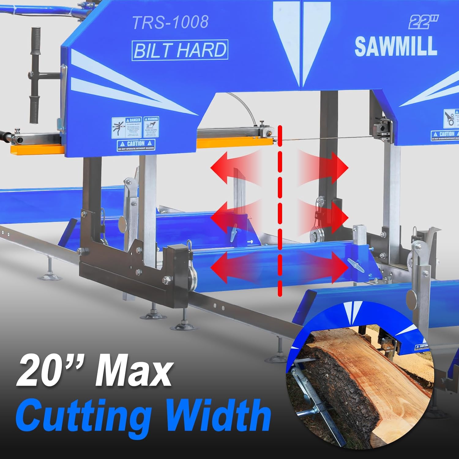 Close-up of the sawmill's adjustable cutting width mechanism.