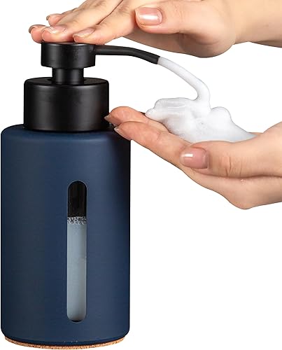 Enra Dispensador de jabón espumoso con ventana transparente, dispensador de jabón de baño de 12 onzas con bomba de acero inoxidable, botella moderna