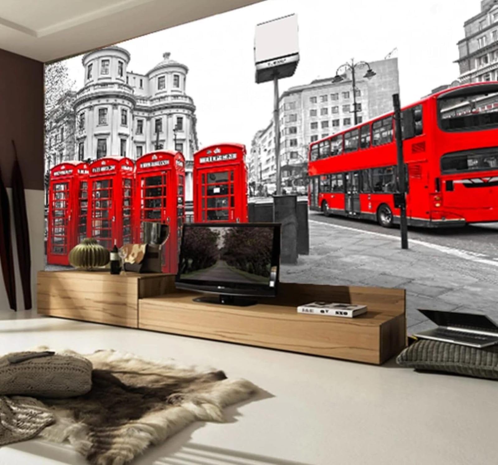 XLMING Retro Three Dimensional Urban Architecture Red Telephone Box 3D Wallpaper Luxury Silk Study Dining Feature Sofa Grey Bedroom Living Room Tv Decorative Wall-300cm×210cm