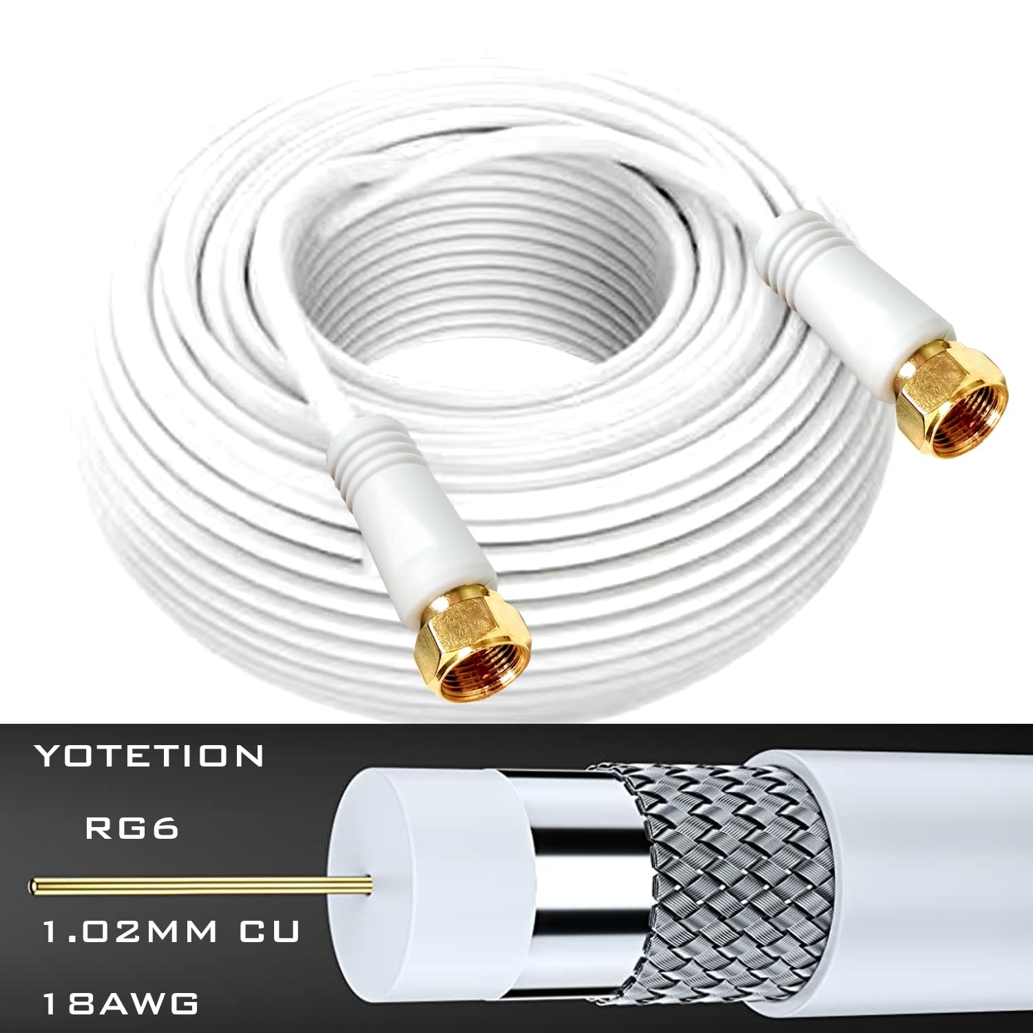 YOTETION 100 FT Coaxial Cable for Internet?Flexible RG6 Coaxial Cable for TV ? Coax Cable for Internet? Double-Shielded Coax ? Flexible Coaxial Cable