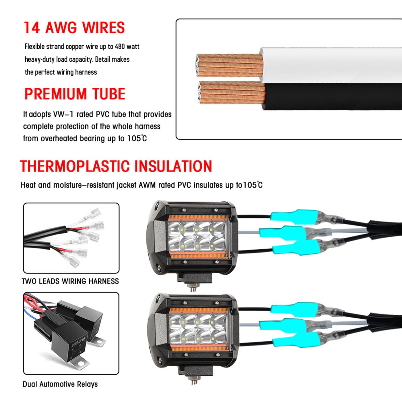 Irfora Kit cablaggio LED 480 W 2 cavi 14 AWG, cablaggio LED universale con relè 12 V 40 A e due interruttori di controllo per passare tra diverse modalità