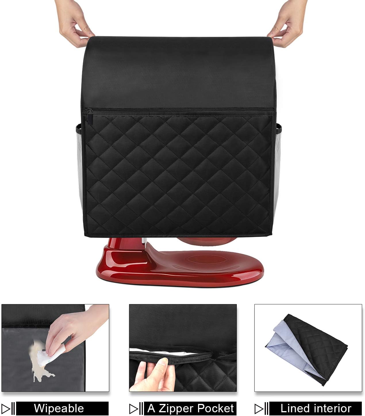 Luxja Dust Cover Compatible with 6-8 Quart KitchenAid Mixers, Dust Cover with Cloudy Side Pockets for 6-8 Quart Stand Mixers and Extra Accessories, Black (Quilted Fabric)