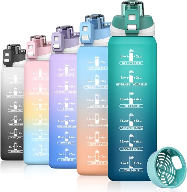 Life4u 1L Water Bottle with Time Markings, Premium 1 Litre Motivational Drinking Bottle with Fruit Infuser, Reusable BPA Free Water Bottles for Sports Fitness & Gym Workout