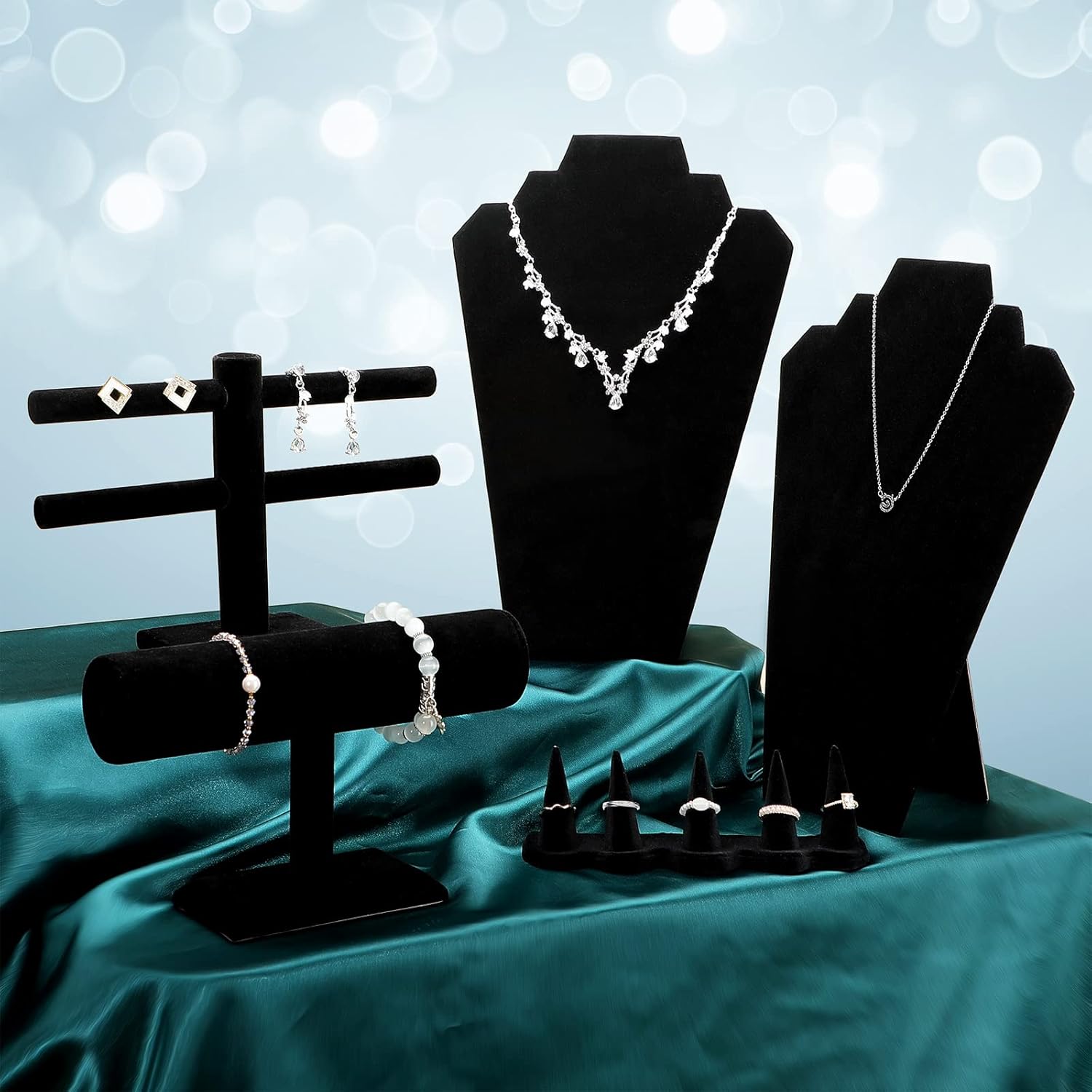 Sureio 5 Packs Black Velvet Jewelry Display Sets, Jewelry Displays for Shows, Watch Necklace Bracelet Organizer Ring Finger Holder Earring Stand Display for Women Girl Home Bedroom