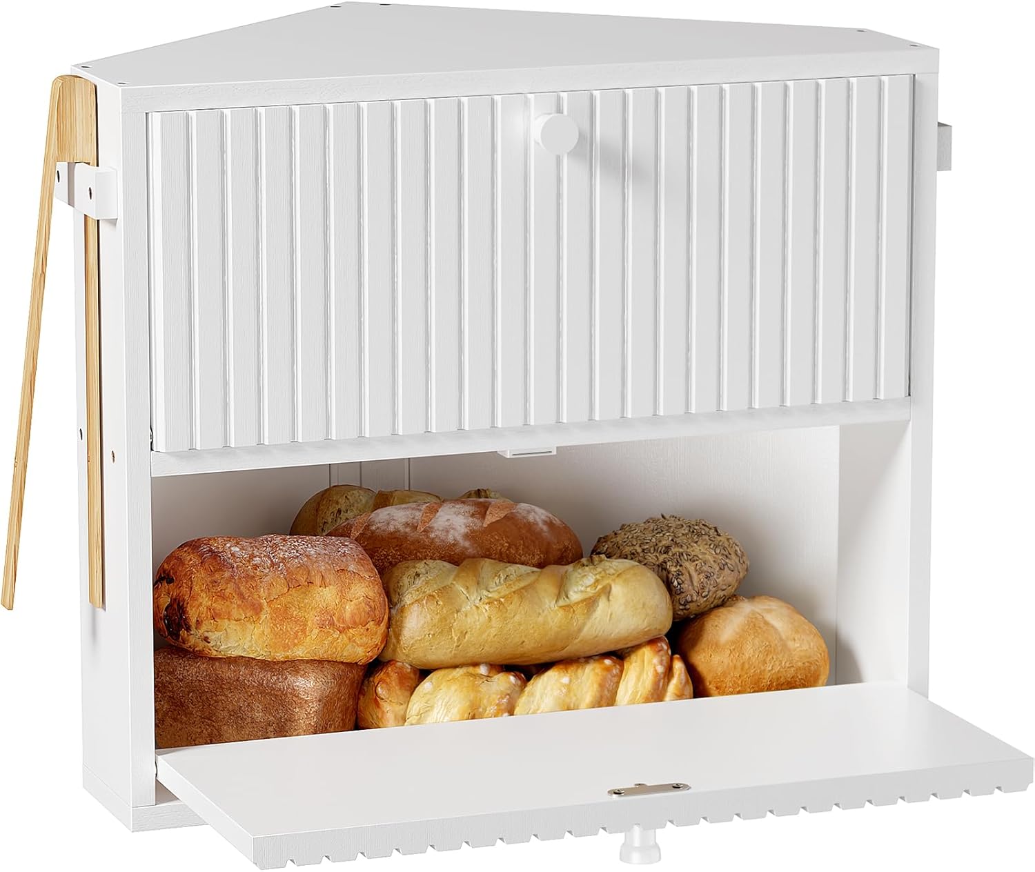 WOWLIVE Corner Bread Box for Kitchen Countertop, Large Vintage Bread Storage Container Bin for Homemade Bread, Double Layer Farmhouse Bread Holder for Kitchen, Cabinet, Pantry (White, Medium)