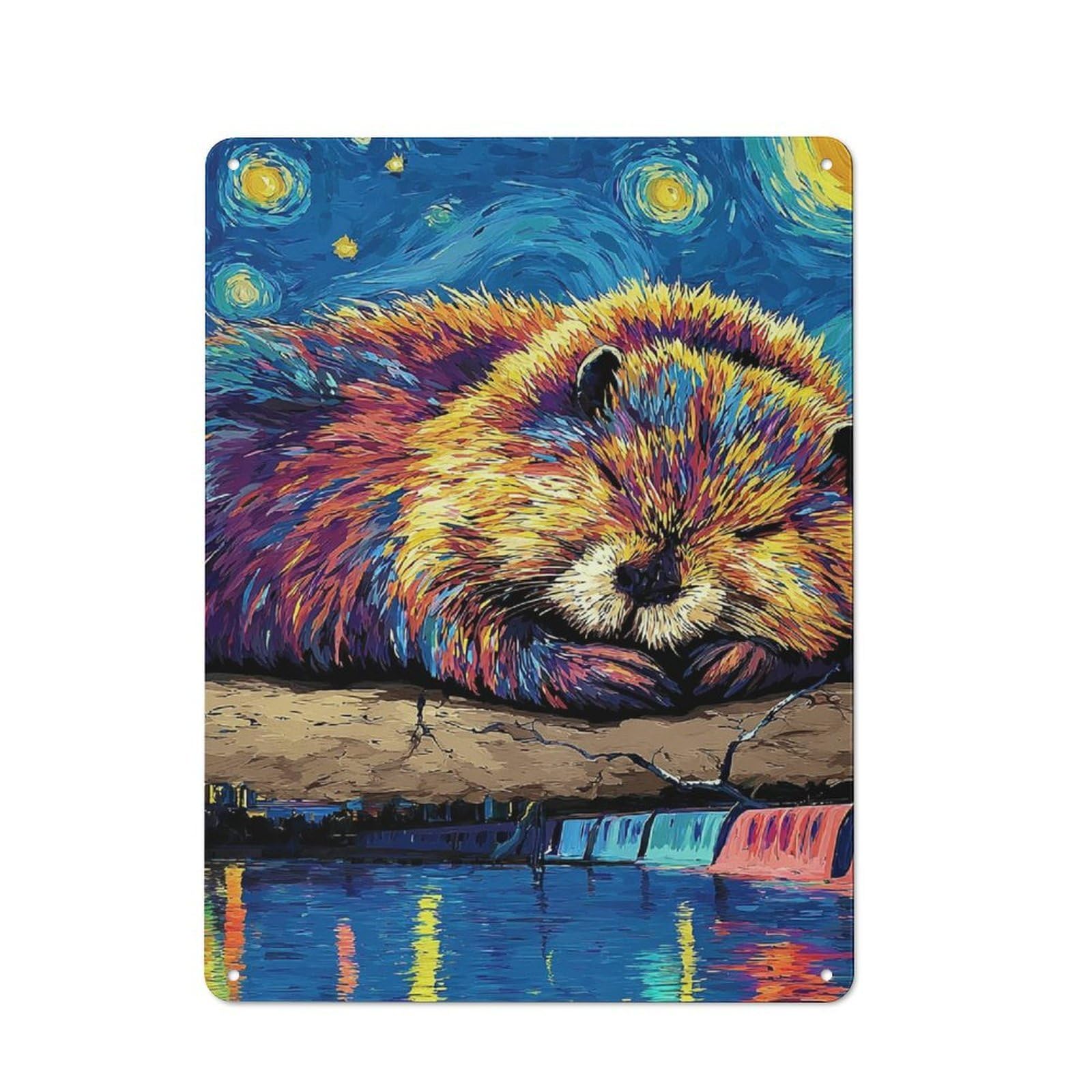 Junmoney Beaver In Starry Night Metal Wall Plaque With Design 40X30cm, Retro Small Space Decor For Flat, Dorm Room, Lounge Or Cafe