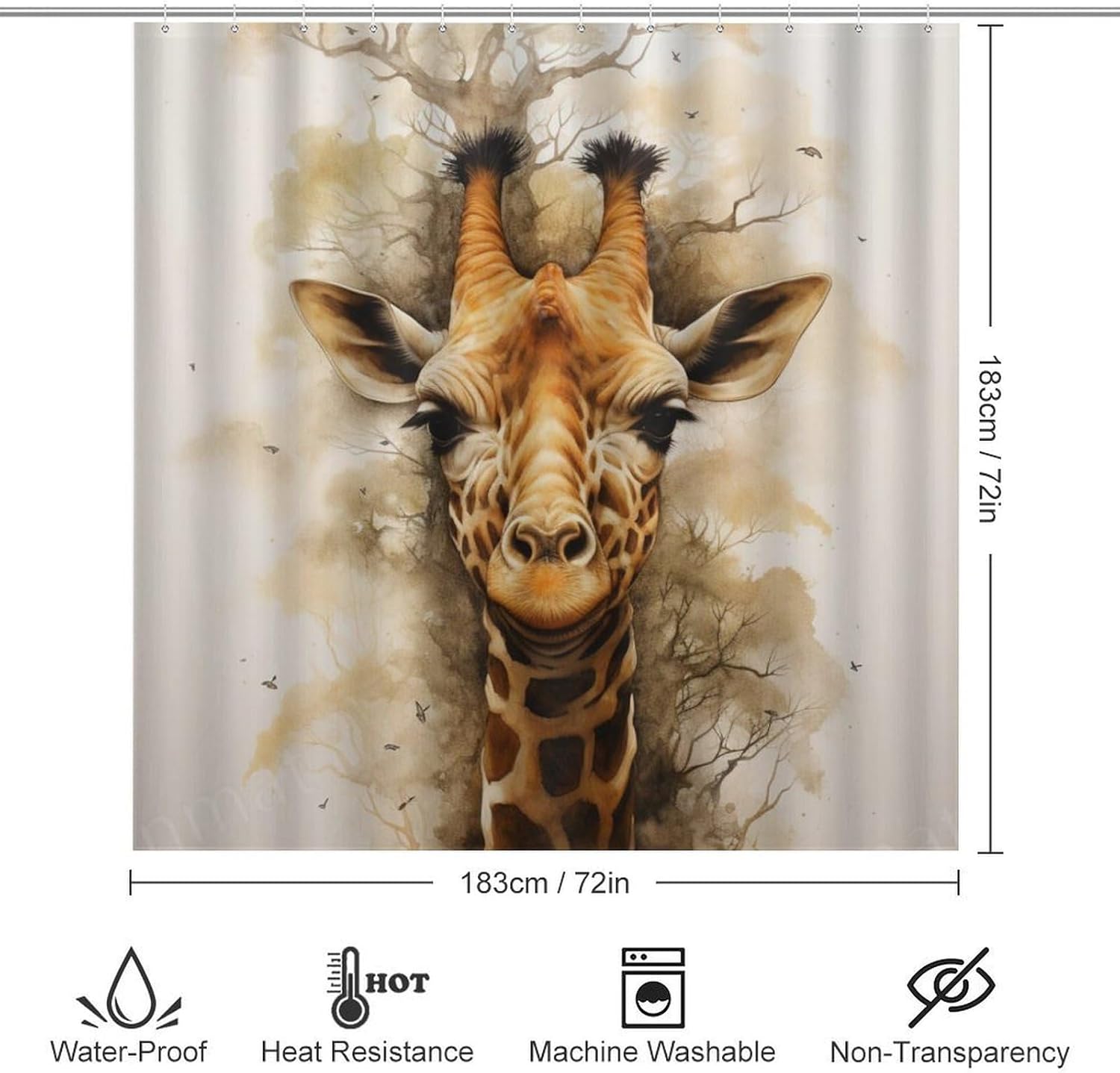 4-Piece Watercolor Giraffe Shower Curtain Set with Non-Slip Rug, Toilet Lid Cover, Bath Mat, Vintage Nature Ink Animal Print Bathroom Decor Includes 12 Hooks