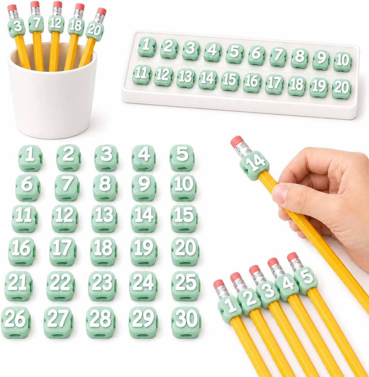 Numbered Pencil Toppers, 30/50 PCS Reusable Classroom Pencil Labels, Number Pencil Toppers for Classroom Organization and Supply Tracking Station (Green, Numbers 1-30)