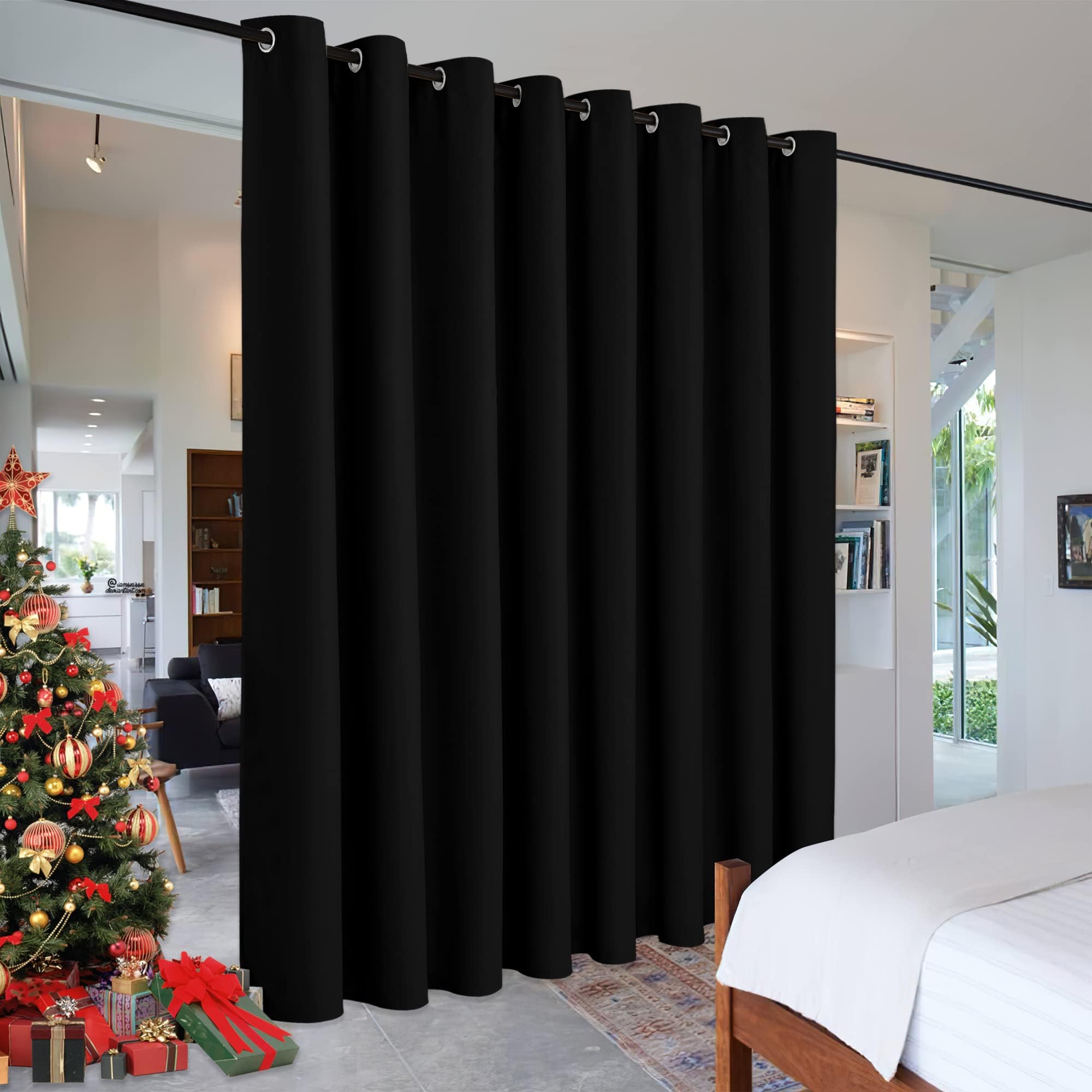 RYB HOME Black Privacy Office Divider Panel Extra Wide Long Curtain, Premium Contemporary Portable Ring Top Room Divider for Office/Apartment, 8-Foot Tall x 15 Foot Wide, 1 Pack