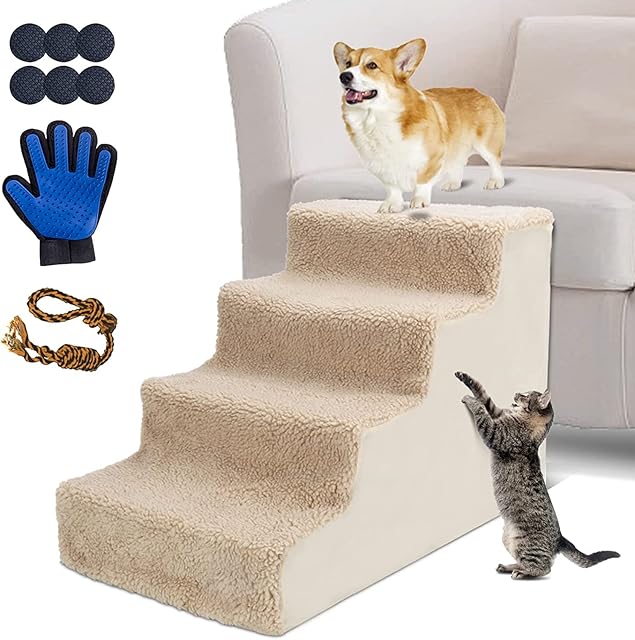 MASTERTOP Pet Steps Stairs, 4-Steps Dog Stairs with Removable and Washable Plush Cover, Lightweight Plastic Ladder for Small Dogs and Cats, Send Pet Grooming Glove and Pet Toy - White