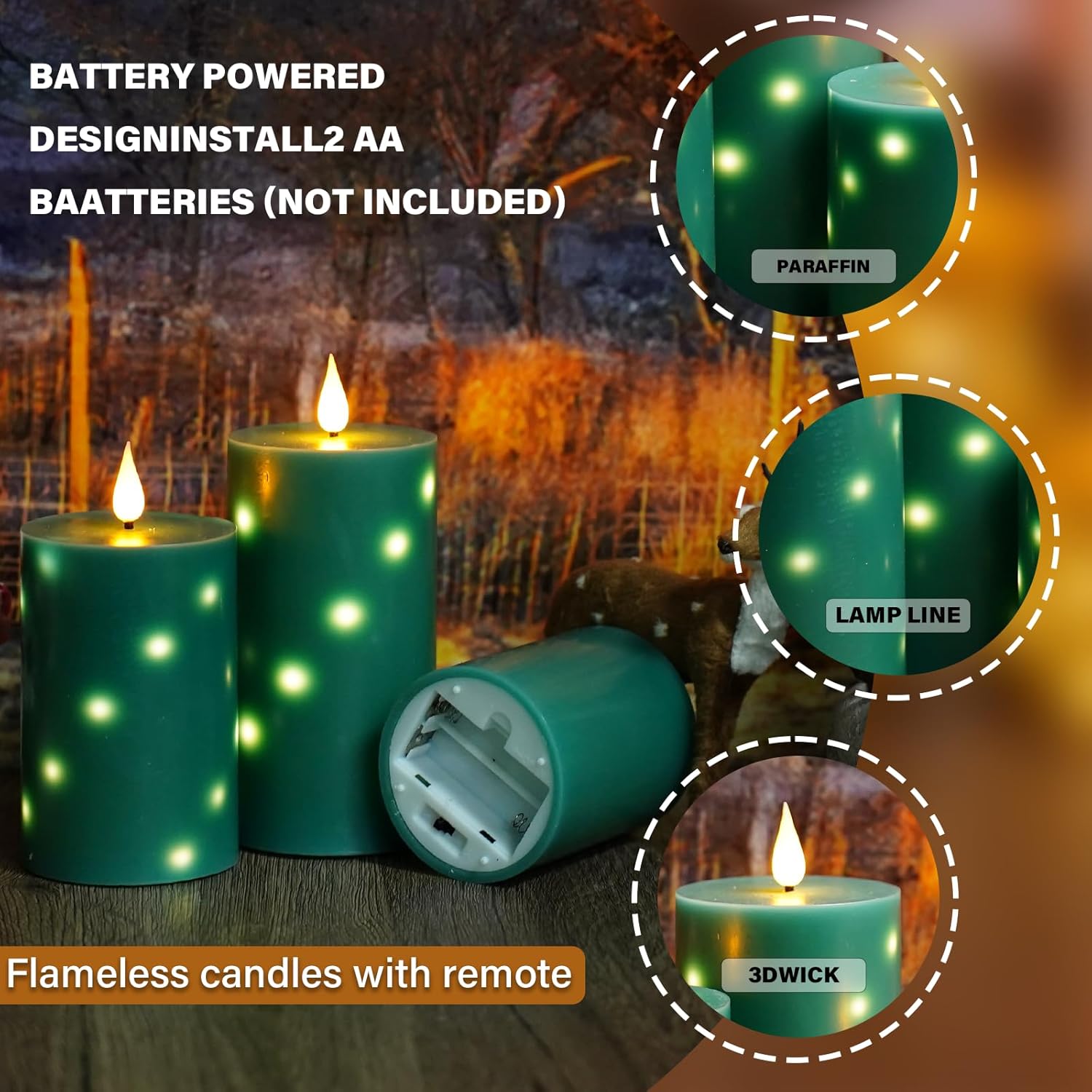 Flameless Candles with Embedded Star String, Real Wax Battery Operated Candles with Remote Timer, Flickering Pillar LED Candle Set for Home Decor Romantic Ambiance （Green）