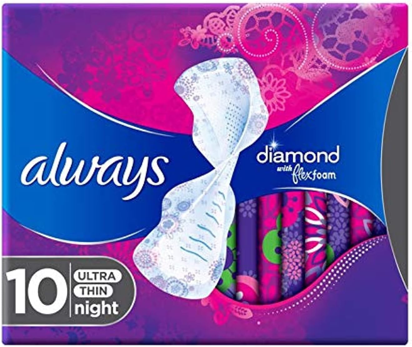 ALWAYS Diamond FlexFoam, Large sanitary pads with wings, 10 ct